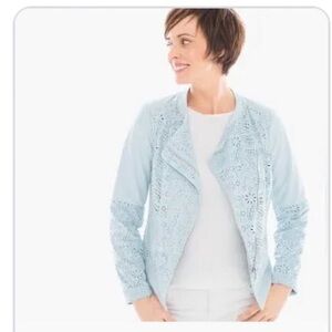 NWT Faux Suede Soft Light Blue Zip Up Jacket With Floral Perforated Design